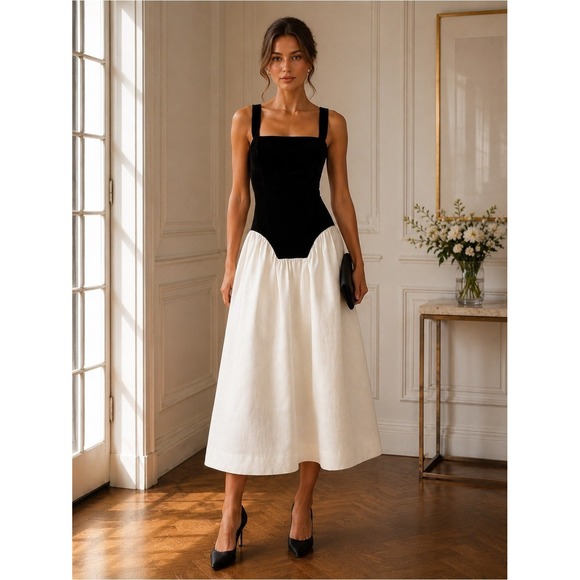 RHODE Dresses & Skirts - RHODE Georgina Color Block MIDI Dress US 2 Black Velvet Cream